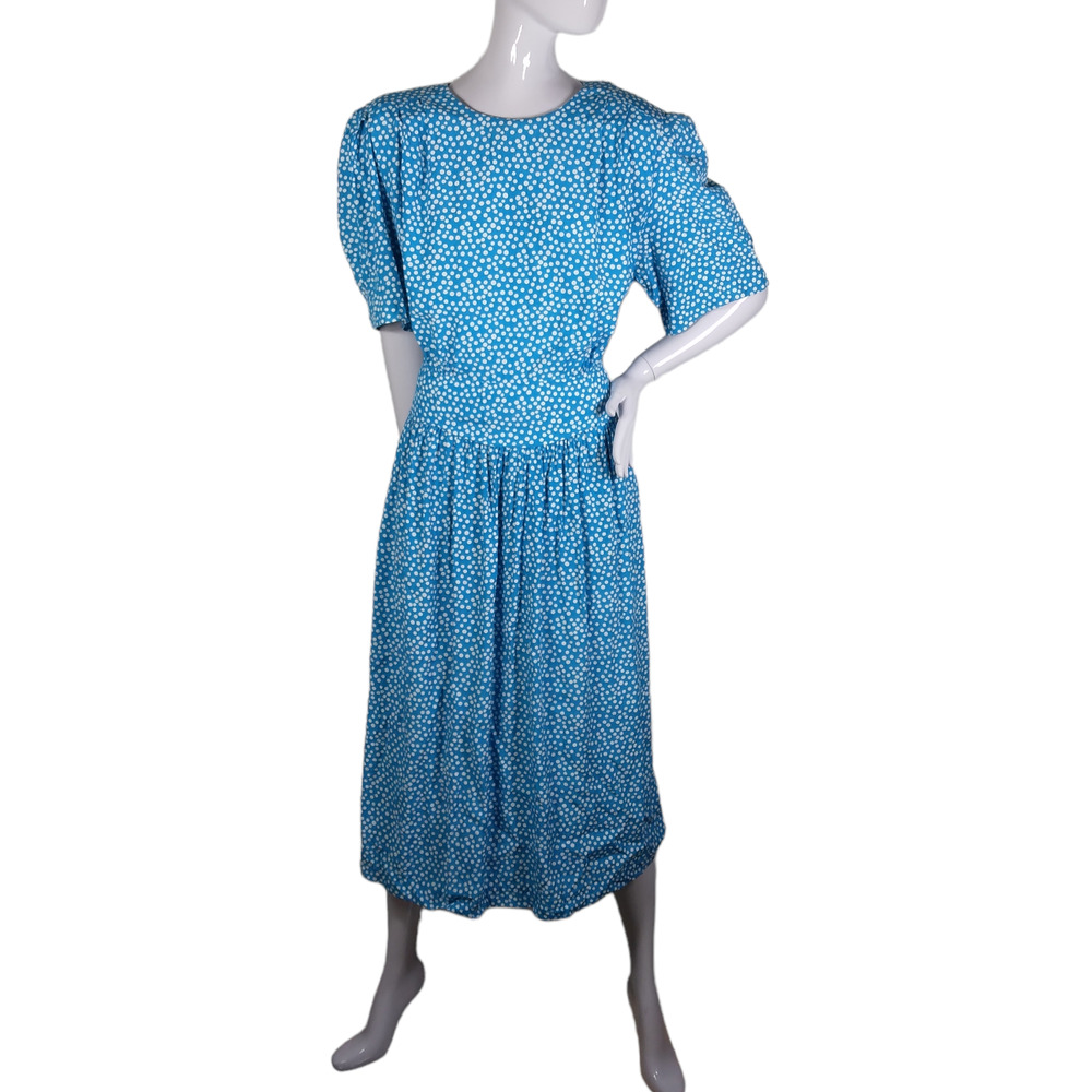 Vintage 1980s KSL Dress Size 20W Blue Polka Dot Shoulder Pads 100% Rayon